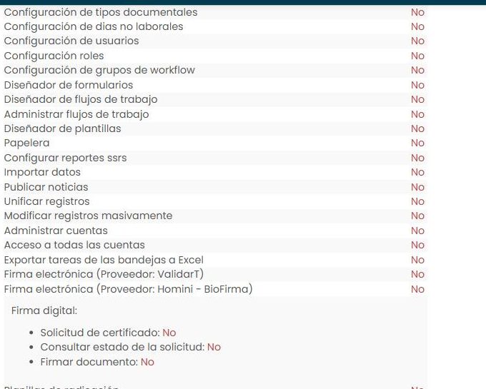 Sección «Acceso a opciones de administración» de la matriz: una lista de funciones (Configuración de tipos documentales, Configuración de usuarios, Diseñador de formularios, Papelera…) cada una marcada «No».