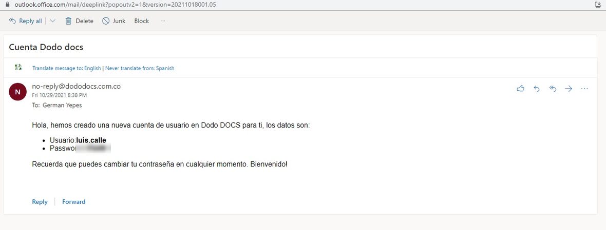 Correo de bienvenida enviado desde no-reply@dododocs.com.co con el usuario y la contraseña (difuminada) de una cuenta nueva.
