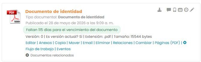 Un archivo en la pestaña Archivos: tipo documental, fecha de publicación, aviso de vencimiento, versión y tamaño, y la fila de opciones: Editar, Anexos, Copia, Mover, Email, Eliminar, Relaciones, Cambiar, Páginas (PDF), Flujo de trabajo, Eventos.