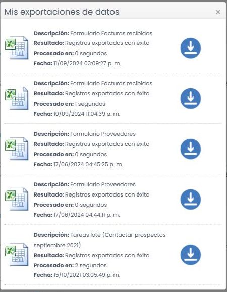 Ventana «Mis exportaciones de datos» con una lista de exportaciones: descripción, resultado, tiempo de proceso, fecha y un botón de descarga por fila.