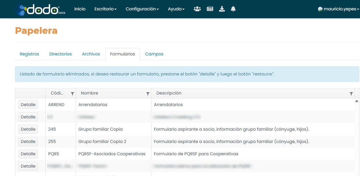 Pestaña «Formularios»: listado de formularios eliminados con columnas Código, Nombre y Descripción (dos filas difuminadas), y el botón Detalle en cada fila.