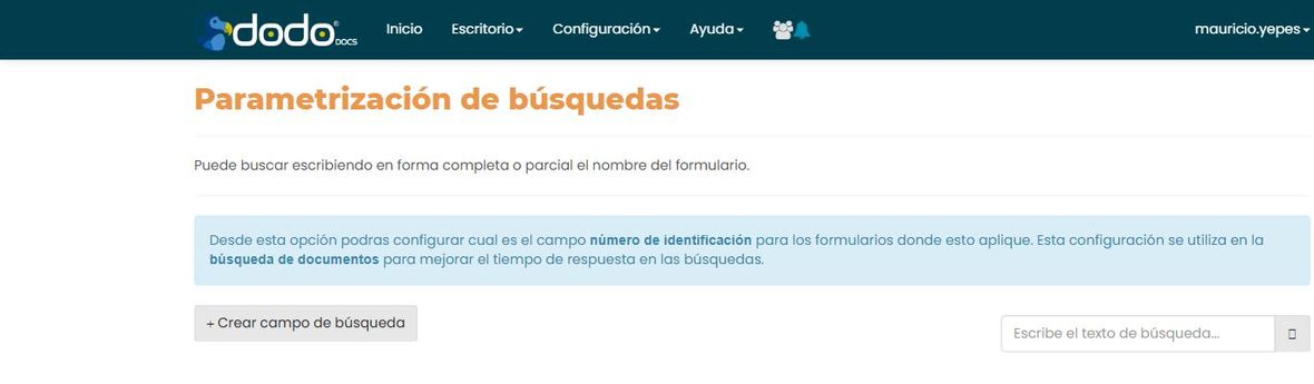 Pantalla «Parametrización de búsquedas»: buscador por nombre de formulario y botón «+ Crear campo de búsqueda».