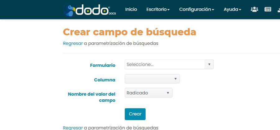 Formulario «Crear campo de búsqueda»: Formulario, Columna y «Nombre del valor del campo» (Radicado / Identificación), con el botón Crear.