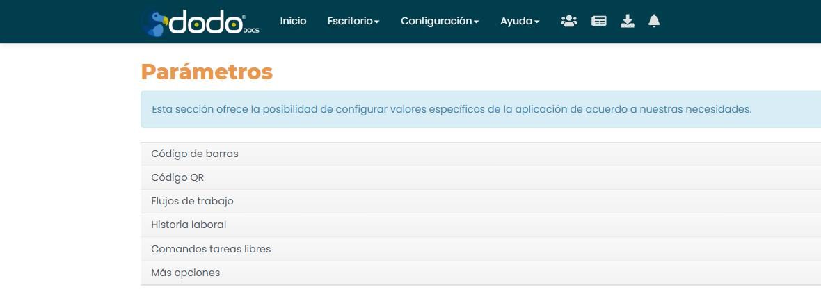 Pantalla «Parámetros»: seis grupos colapsados (Código de barras, Código QR, Flujos de trabajo, Historia laboral, Comandos tareas libres, Más opciones).