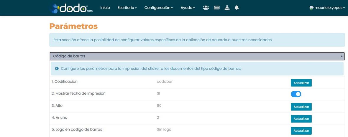 Grupo «Código de barras» expandido: Codificación (codabar), Mostrar fecha de impresión (switch activado), Alto (80), Ancho (2) y Logo en código de barras (sin logo), cada uno con su botón Actualizar o switch.