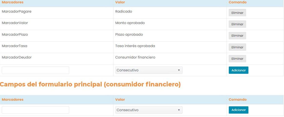 Sección «Campos del formulario principal»: la misma tabla de marcadores, campo y botón «Adicionar», para tomar datos del formulario principal.