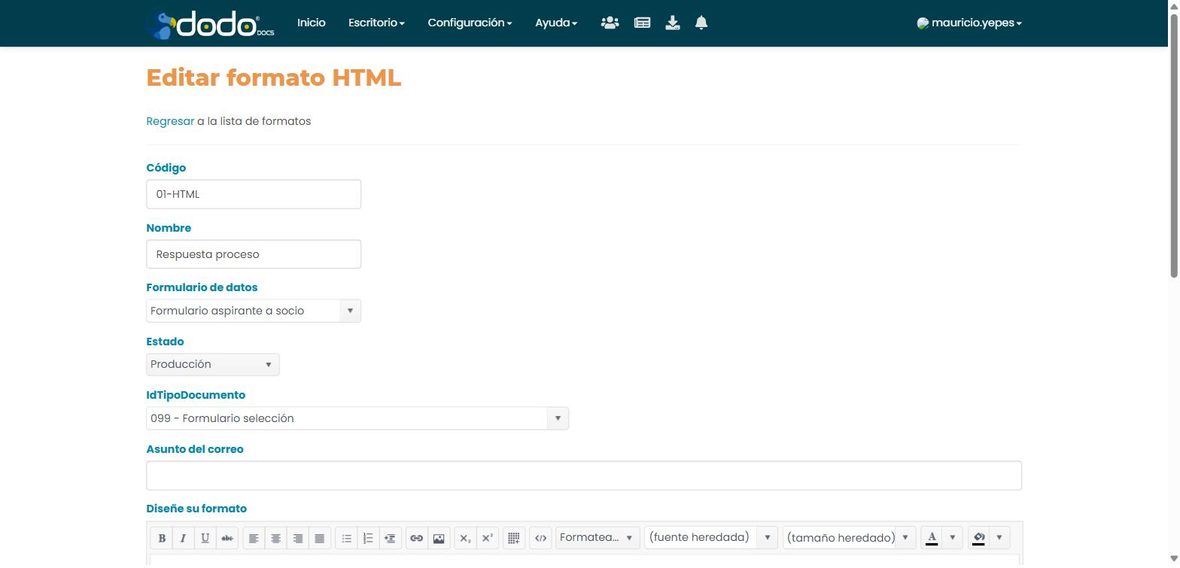Pantalla Editar formato HTML: campos Código, Nombre, Formulario de datos, Estado, IdTipoDocumento, Asunto del correo, y el editor de texto Diseñe su formato.