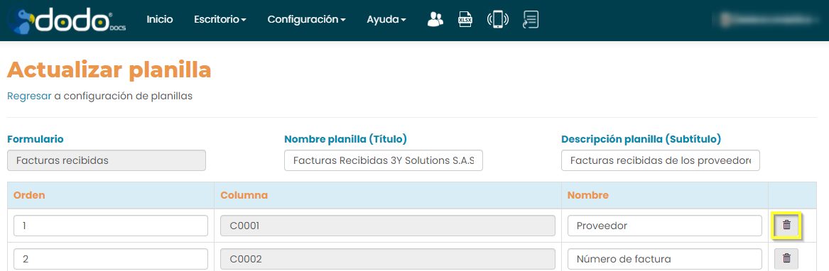 Tabla de columnas de la planilla con el ícono de papelera («Eliminar columna») resaltado en una fila.