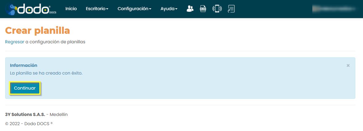 Mensaje «La planilla se ha creado con éxito» con el botón Continuar resaltado.