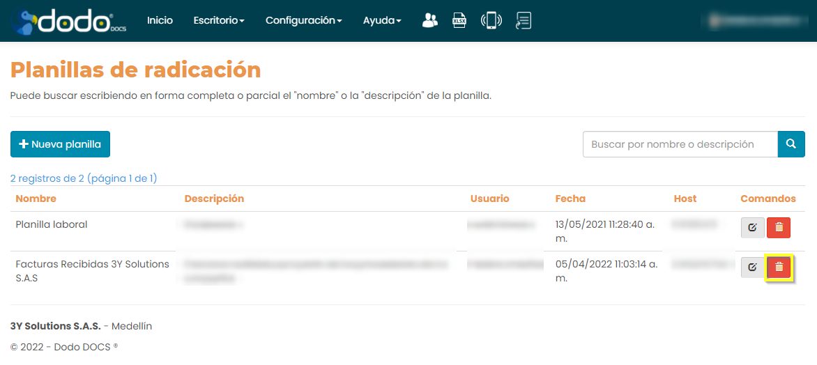 Lista de planillas de radicación con el ícono de papelera resaltado en una fila.