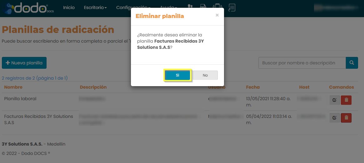 Ventana «Eliminar planilla»: ¿Realmente desea eliminar la planilla…? con los botones Sí y No.