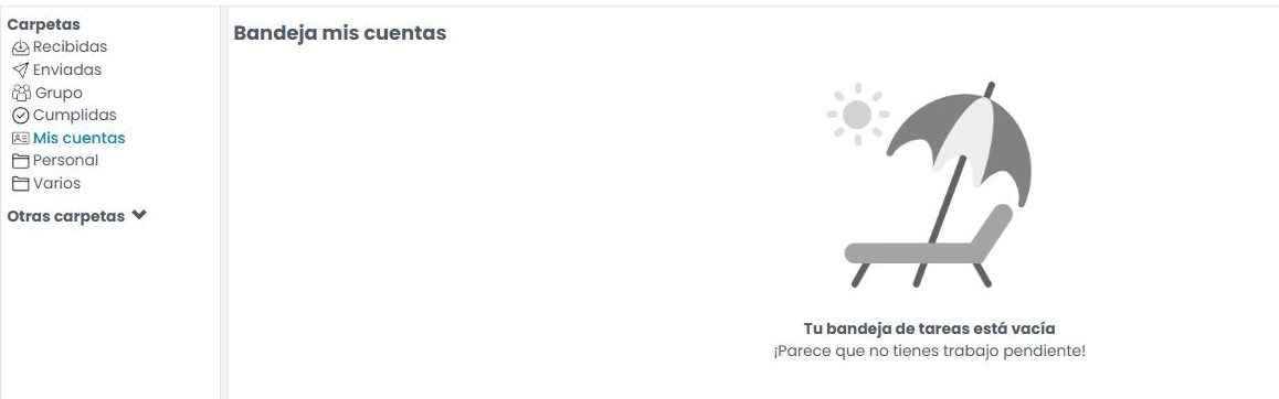 Bandeja de tareas con la carpeta «Mis cuentas» seleccionada en el panel izquierdo.