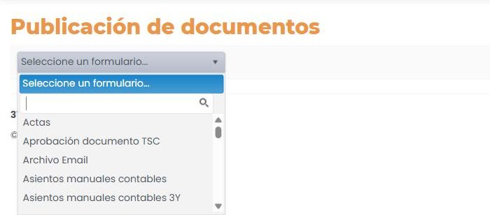 Pantalla «Publicación de documentos» con la lista desplegable de formularios abierta.