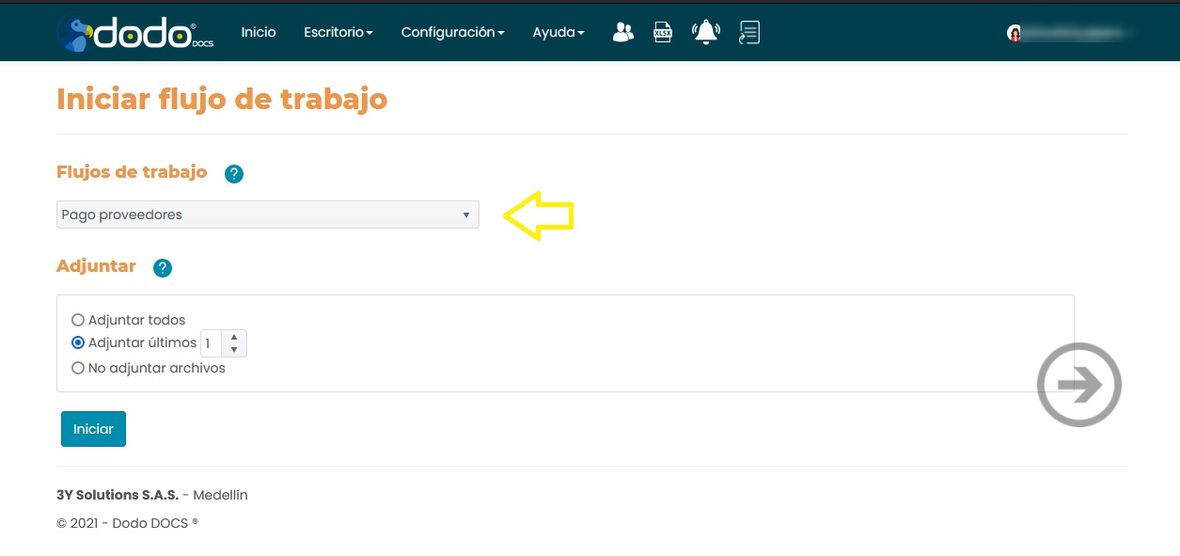 Paso Flujo de trabajo: lista desplegable de flujos y el botón Iniciar.