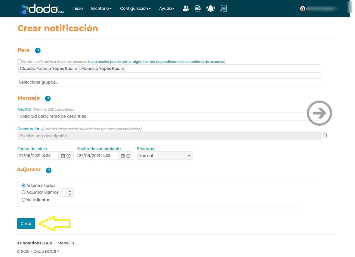 Paso Notificación: destinatarios, asunto, fechas, prioridad y archivos a adjuntar.