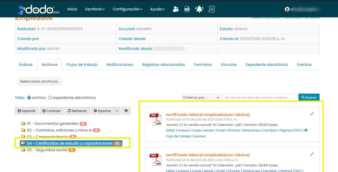 Pestaña Archivos con el directorio elegido y la lista de documentos publicados.