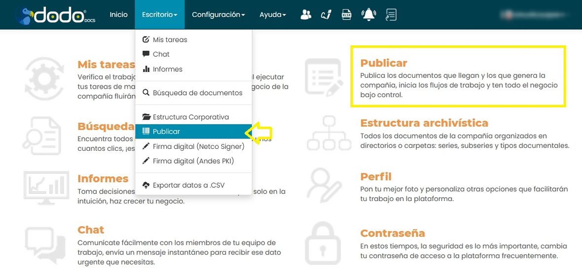 Menú Escritorio con la opción «Publicar» resaltada, y el módulo «Publicar» del escritorio de la aplicación también resaltado.