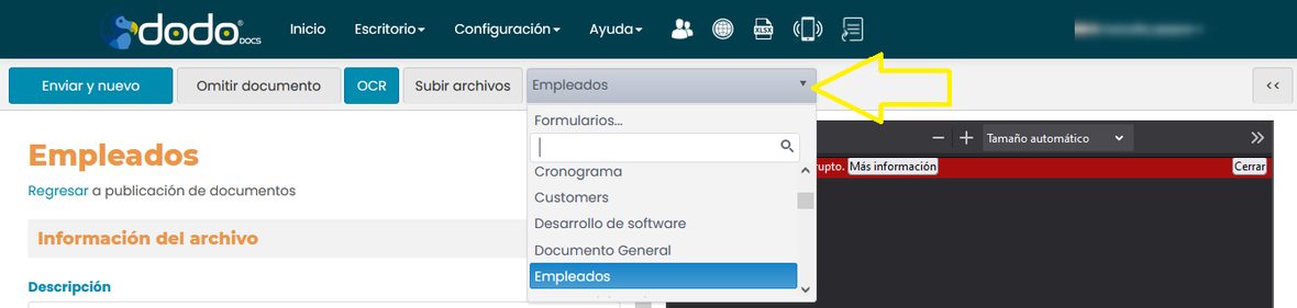 Desplegable de formularios de la publicación de lote uno a uno, con «Empleados» elegido de la lista.