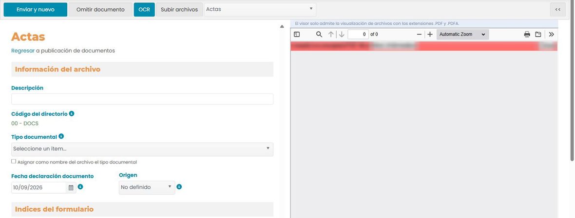 Pantalla de lote uno a uno: barra con «Enviar y nuevo», «Omitir documento», «OCR» y «Subir archivos»; a la izquierda «Información del archivo» e «Índices del formulario»; a la derecha el visor.
