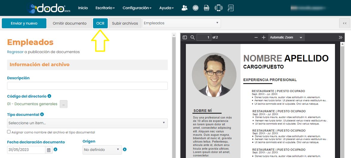 Botón OCR en la barra de acciones, con un documento cargado en el visor.