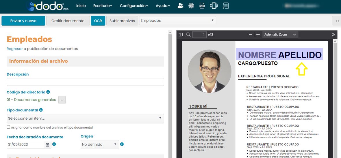Texto «NOMBRE APELLIDO» seleccionado con el mouse dentro del documento del visor.