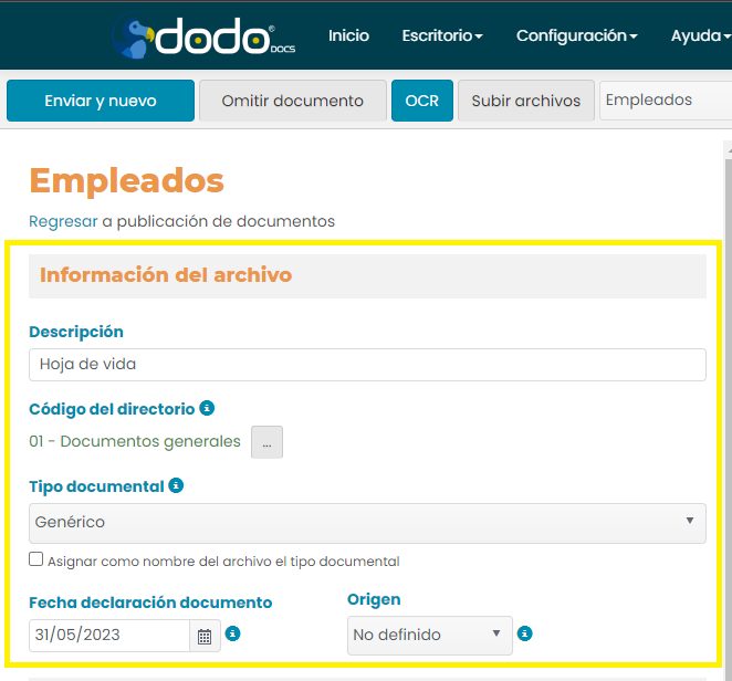 Panel «Información del archivo» con Descripción «Hoja de vida», Código del directorio y Tipo documental «Genérico».