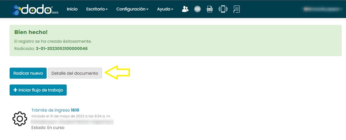 Mensaje «Bien hecho, el registro se ha creado éxitosamente» con el número de radicado y el botón «Detalle del documento» resaltado.