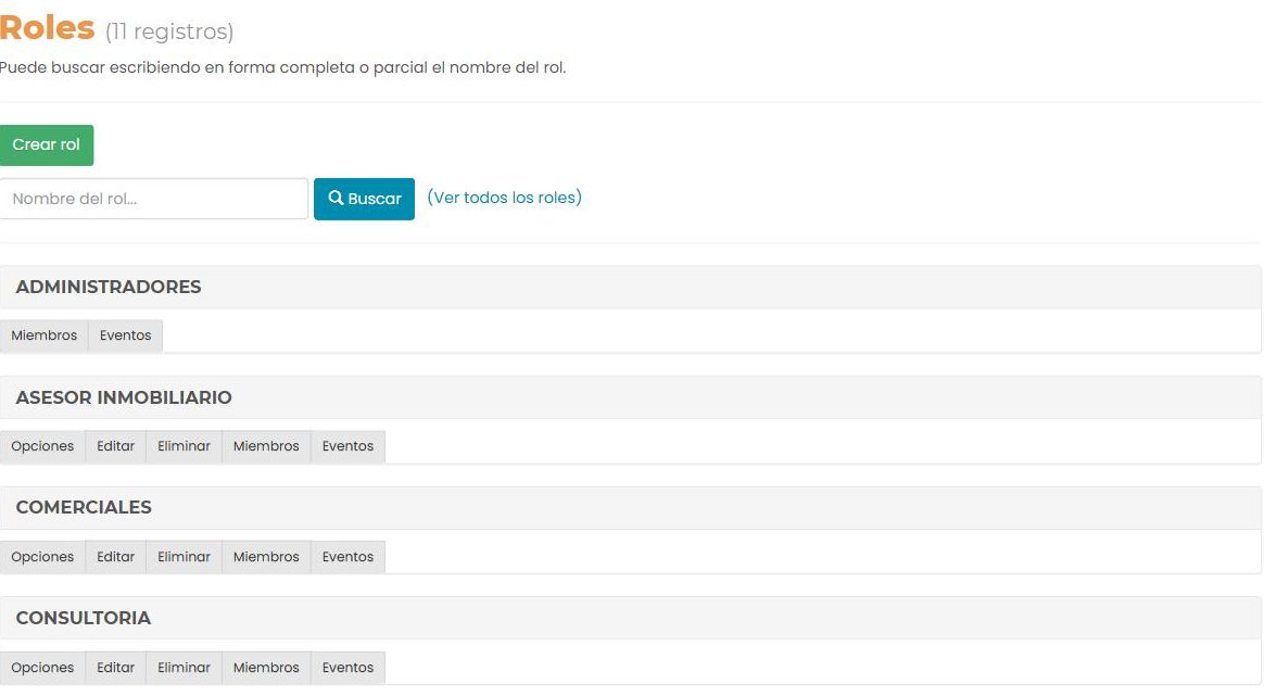 Pantalla «Roles»: botón «Crear rol», buscador, y una tarjeta por rol con los botones Opciones, Editar, Eliminar, Miembros y Eventos.