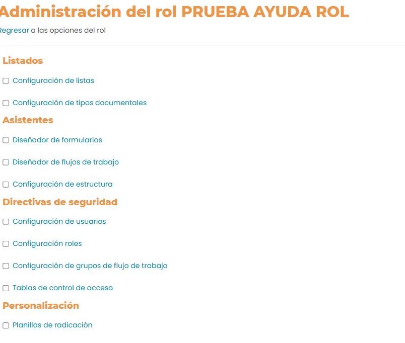 Pantalla «Administración del rol»: casillas agrupadas por sección —Listados, Asistentes, Directivas de seguridad, Personalización…— cada una con su permiso.