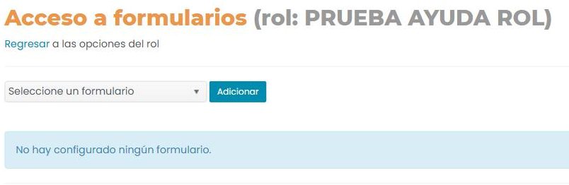 Pantalla «Acceso a formularios» de un rol: un desplegable «Seleccione un formulario», un botón «Adicionar» y el mensaje «No hay configurado ningún formulario».