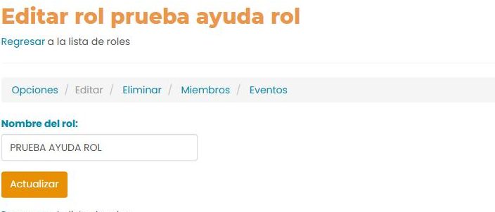 Pantalla «Editar rol»: un campo «Nombre del rol» y un botón «Actualizar».