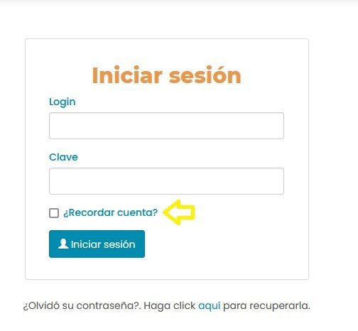 Pantalla de inicio de sesión con los campos Login y Clave, la casilla «¿Recordar cuenta?» señalada, y el botón Iniciar sesión.