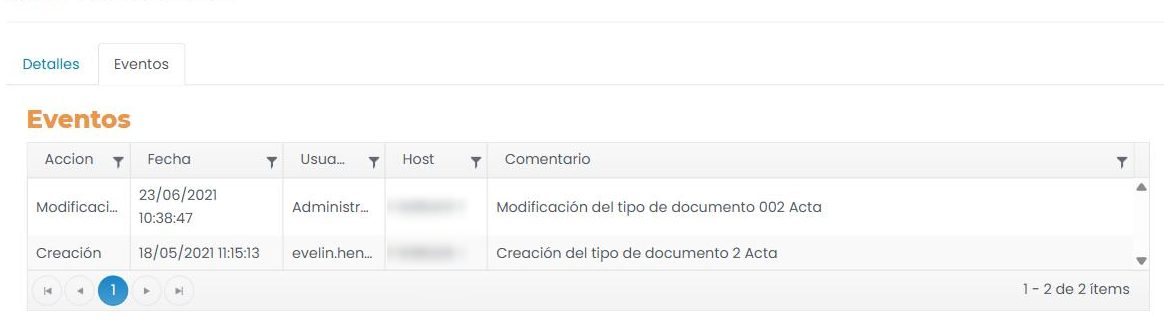 Detalle de un tipo documental, pestaña «Eventos»: tabla con Acción, Fecha, Usuario, Host y Comentario, con las filas «Modificación» y «Creación».