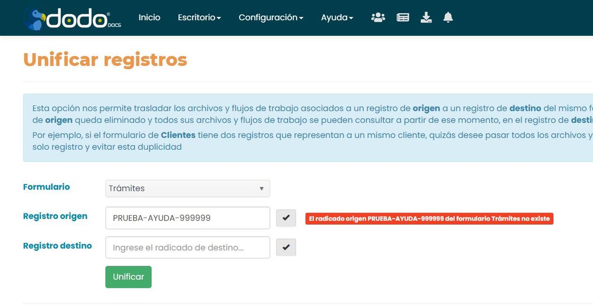 Mensaje de validación: «El radicado origen PRUEBA-AYUDA-999999 del formulario Trámites no existe», junto al campo Registro origen.