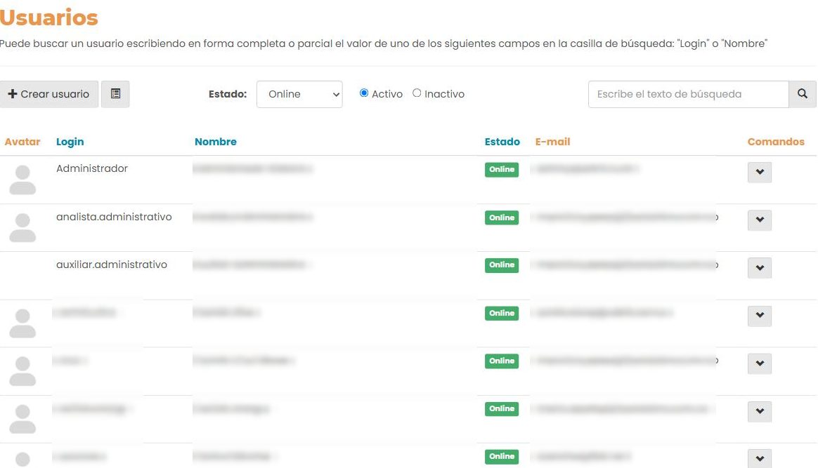 Pantalla «Usuarios»: botón «+ Crear usuario», filtros de Estado y Activo/Inactivo, buscador, y una tabla con Avatar, Login, Nombre, Estado, E-mail y Comandos. Los nombres y correos de las personas aparecen difuminados.