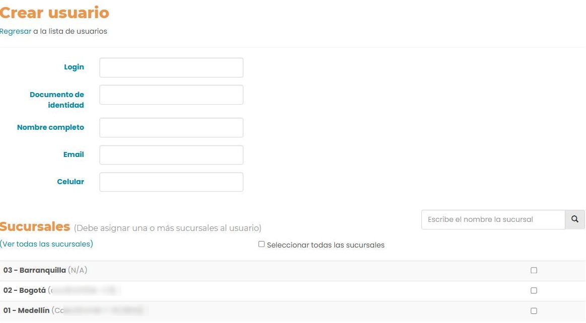 Formulario «Crear usuario»: campos Login, Documento de identidad, Nombre completo, Email y Celular, y debajo la sección Sucursales con casillas por sucursal.