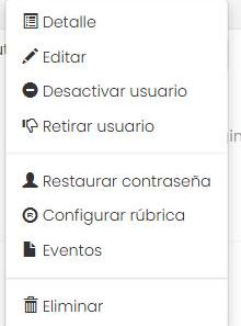Menú de comandos de un usuario: Detalle, Editar, Desactivar usuario, Retirar usuario, Restaurar contraseña, Configurar rúbrica, Eventos y Eliminar.