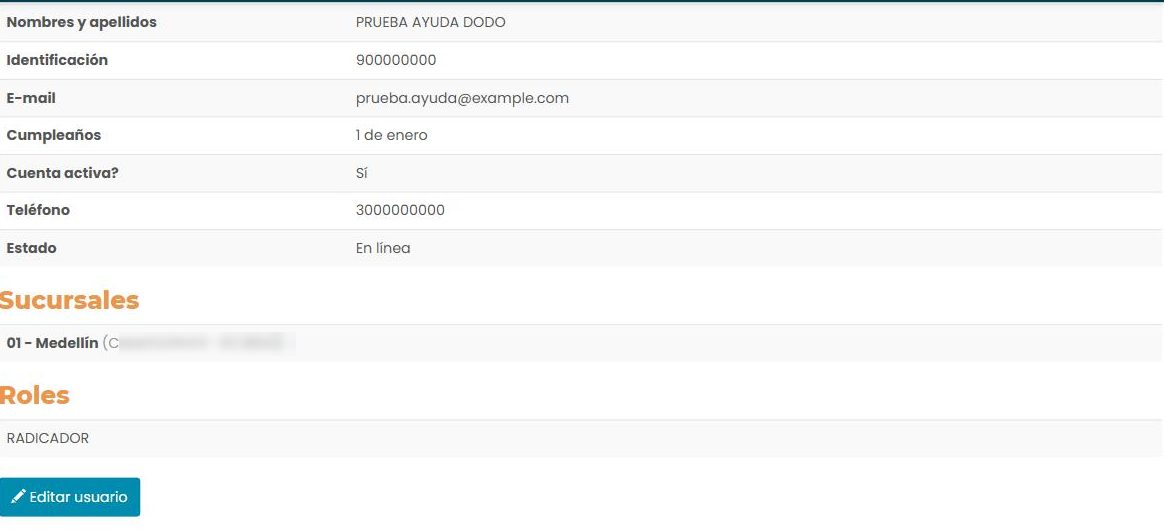 Detalle de un usuario: tabla con Nombres y apellidos, Identificación, E-mail, Cumpleaños, Cuenta activa, Teléfono y Estado; secciones Sucursales y Roles; y un botón «Editar usuario».