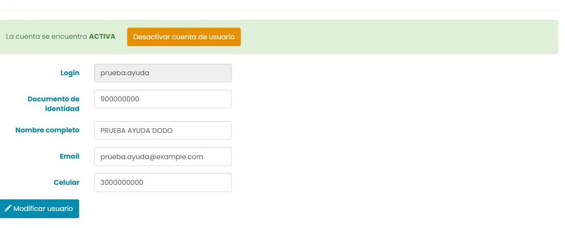 Formulario «Editar usuario»: banner «La cuenta se encuentra ACTIVA» con el botón «Desactivar cuenta de usuario», y los campos Login (bloqueado), Documento de identidad, Nombre completo, Email y Celular con el botón «Modificar usuario».