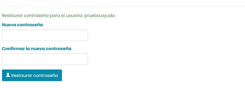 Formulario «Restaurar contraseña» con los campos «Nueva contraseña» y «Confirmar la nueva contraseña» y un botón «Restaurar contraseña».