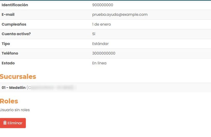 Pantalla «¿Desea eliminar el siguiente usuario?» con el detalle del usuario, «Roles: Usuario sin roles» y un botón rojo «Eliminar».