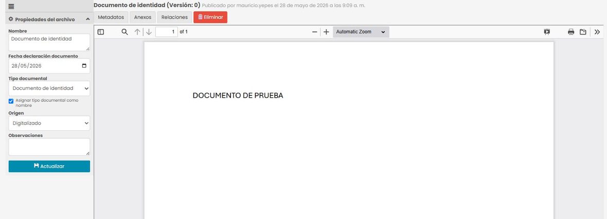 Visor de documentos: a la izquierda el panel «Propiedades del archivo»; arriba la barra con paginación, zoom, búsqueda, impresión y descarga; en el centro el documento.