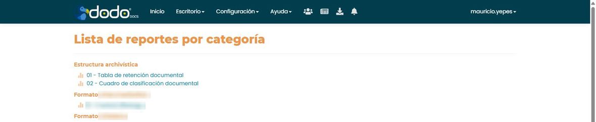 Pantalla «Lista de reportes por categoría»: cada categoría con sus informes como enlaces.